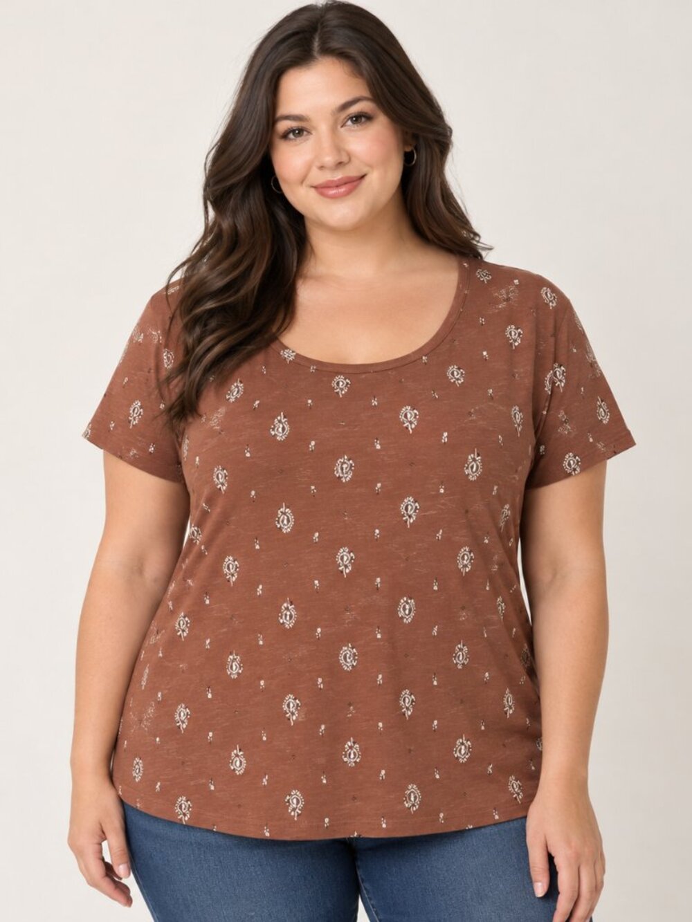 PENN. Penningtons Galbée Curvy 1X Brown Paisley Print Short Sleeve Top